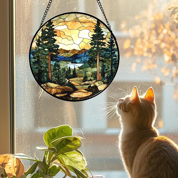 Stained Glass Window Hanging Forest Lake Mountain Sunset 6.3" - Suncatcher Door Garden Sunroom Sun Catcher Home Decor Birthday Christmas for Mom Men Woman Nana Friend