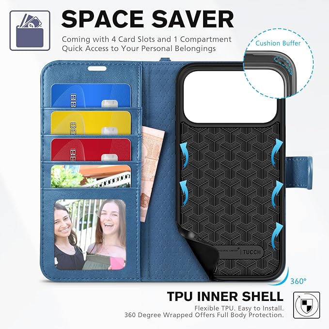 TUCCH Wallet Case for iPhone 17 Pro Max (6.9") 2025, Wrist Strap | RFID Blocking 4 Card Holders | Stand | Shockproof TPU Shell | PU Leather | Magnetic | Protective Flip Cover | Light Blue