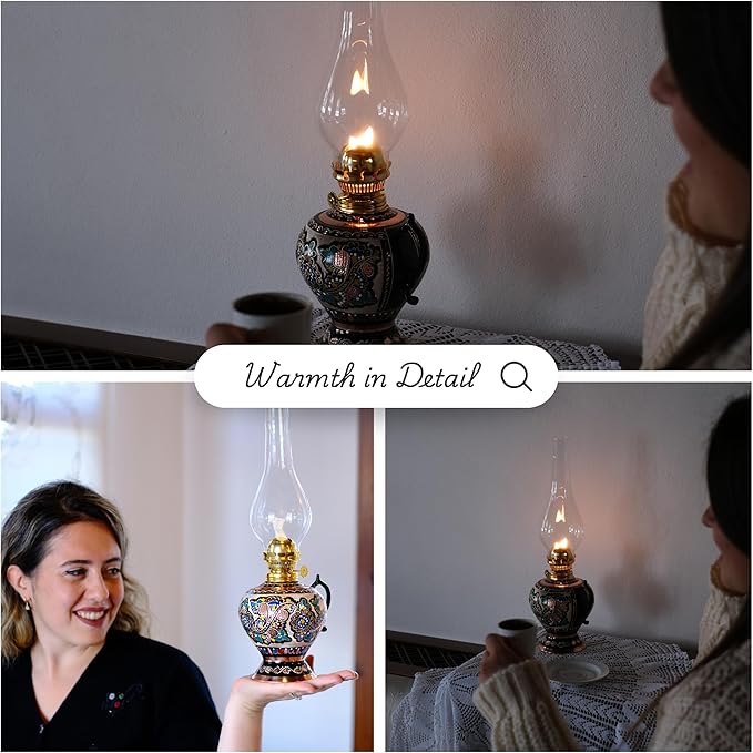 Vintage Handmade Copper Oil Lamp 15.35” – Decorative Hurricane Lantern for Indoor Lighting, Farmhouse Kitchen Décor, Emergency Lamp for Power Outages, Christmas Gift