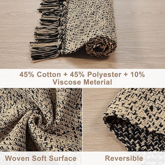 Collive Long Hallway Runners Rug 2.6x7, Farmhouse Washable Kitchen Runner Rug for Bedroom, Natural/Black Braided Woven Entryway Rug Low-Profile Front Door Floor Carpet for Laundry Bathroom Living Room