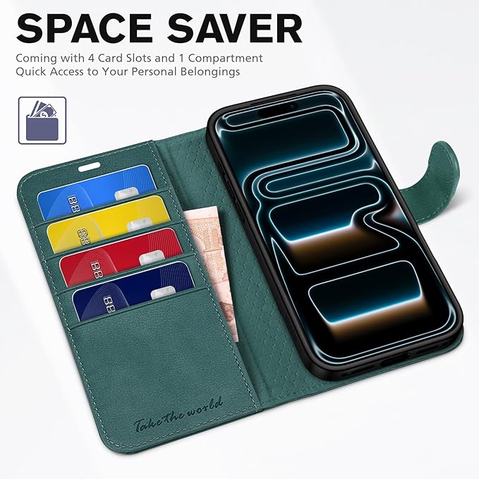 TUCCH Wallet Case for iPhone 17 Pro (6.3-Inch) 2025, 4 Card Holders, RFID Blocking, Stand, Shockproof TPU Shell, PU Leather, Magnetic Closure, Protective Flip Folio Cover, Teal Blue