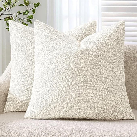 ANRODUO Pack of 2 Textured Boucle Throw Pillow Covers Soft White Euro Decorative Accent Solid Pillow Cases Cozy Modern Couch Cushion Case for Chair Sofa Bedroom Living Room Home Decor, 24 x 24 Inch