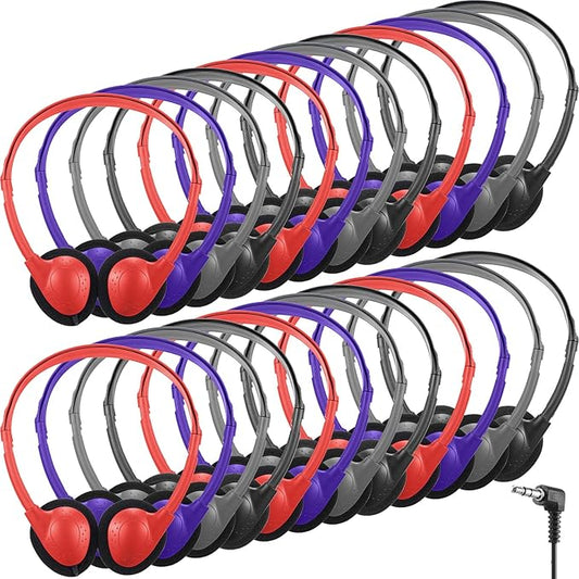 Konohan 32 Pack Headphones Bulk for School Student Classroom Set of Headphones Wire Headset Adjustable with 3.5 mm Jack for Adult (Red,Purple,Gray,Black)