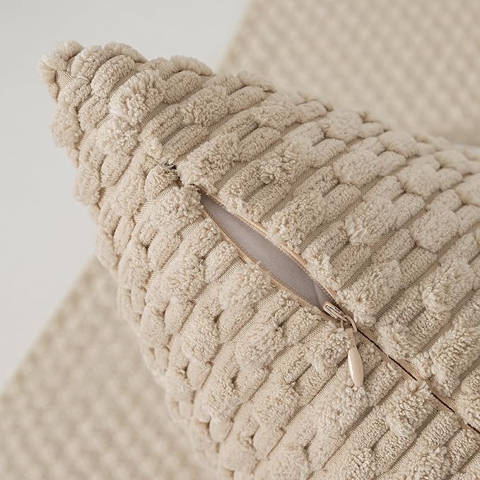 Kevin Textile Throw Pillow Covers Soft Corduroy Decorative Set of 2 Boho Striped Pillow Covers Pillowcases Farmhouse Home Decor for Couch Bed Sofa Living Room 12x20 Inch Beige