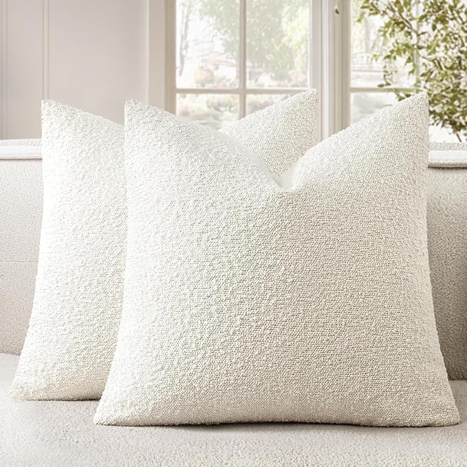 Woaboy Pack of 2 20x20 Inch Decorative Boucle Throw Pillow Covers Textured Square Pillowcaes Accent Solid Cozy Soft Cushion Covers Christmas Home Decor for Sofa Couch Living Room Bed,White