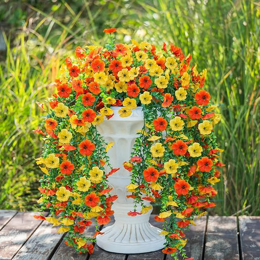 2PCS Artificial Hanging Fall Flowers for Outdoors Decorations, Orange Yellow Realistic Silk Daisy with Eucalyptus, UV Resistant Faux Mums for Home Decor Patio Garden Planters Yard Balcony