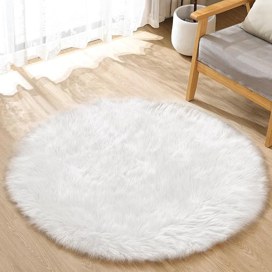 White Small Circle Fluffy Rugs for Bedroom Washable Faux Sheepskin Shaggy Fur Area Rugs for Living Room Round Rug 4ft Nursery Rug