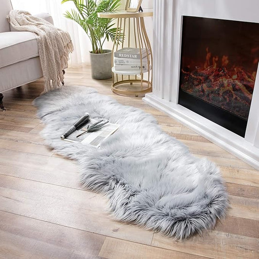 Ashler faux fur rug, Fluffy Shaggy Area Rug Ultra Soft 2 x 6 Feet Sheepskin Fur Rug, Frosted Bottom Gray Fuzzy Rug Machine Washable Shag Rug, Nursery Decor Throw Rugs for Bedroom, Living Room