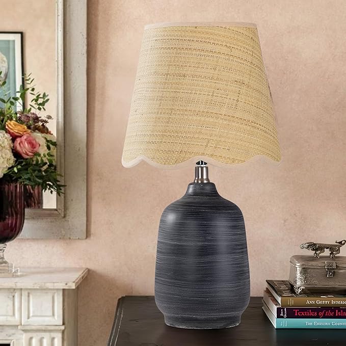 Pia Ricco 19" Modern Ceramic Table Lamp for Living Room Cream Base Desk Lamps for Bedroom Farmhouse Bedside Nightstand Lamp End Table Lamps,White Striped Black Base,Rattan Shade
