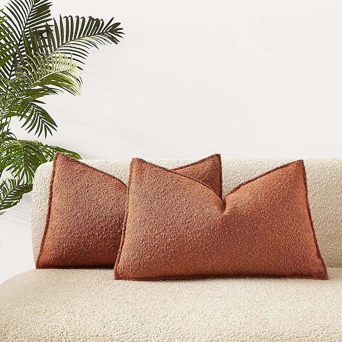 JUSPURBET Rust Decorative Pillow Covers 14x24 Set of 2 Throw Pillow Covers for Couch Sofa Bed Cozy Boucle Textured Lumbar Cushion Covers Cases with Hidden Zipper for Living Room Home Decor