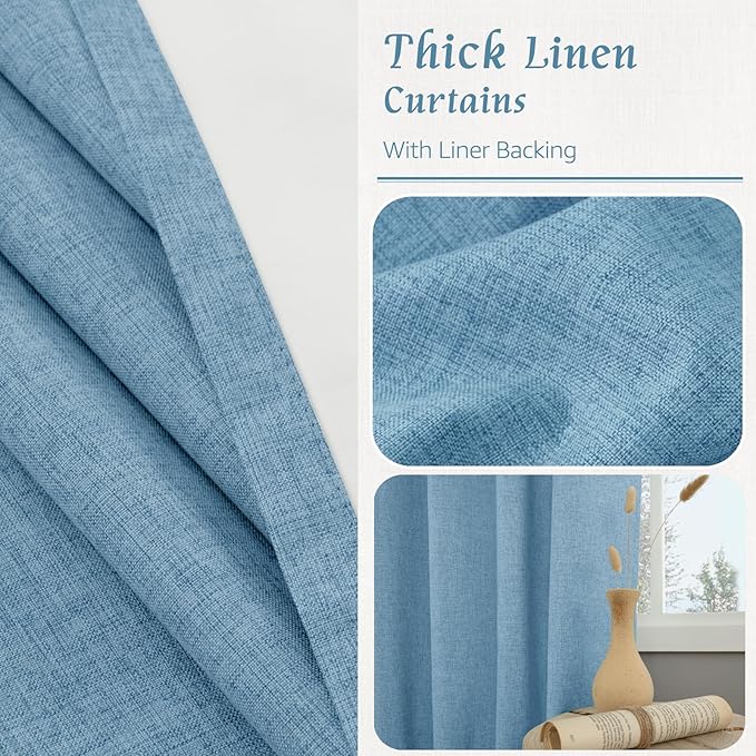 LAMIT Blue 100% Blackout Linen Curtains, 63 Inches Linen Textured Thermal Bedroom Curtains Back Tab and Rod Pocket Neutral Panels with White Liner for Farmhouse, 2 Panels, 38 x 63 Inch