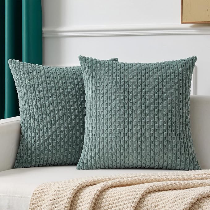 Kevin Textile Euro Sham Pillow Covers 28x28 Inch 2 Packs Soft Boho Striped Corduroy Decorative Throw Pillows for Living Room Couch Bed Sofa Rustic Farmhouse Home Decor 71x71cm Teal Green