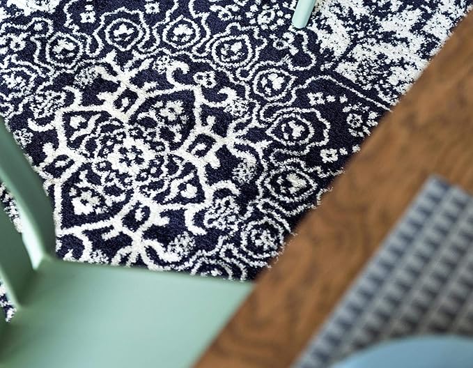 Rugs.com Arlington Collection Rug – 8 Ft Round Navy Blue Medium-Pile Rug Perfect for Kitchens, Dining Rooms