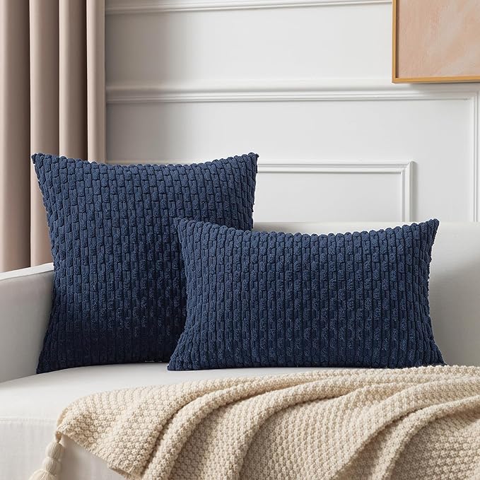 Kevin Textile Pack of 2 Corduroy Decorative Throw Pillow Covers 22x22 Inch Soft Boho Striped Pillow Covers Modern Farmhouse Home Decor for Spring Sofa Living Room Couch Bed Navy Blue