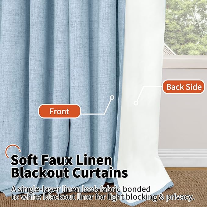 Lajode Blue Linen Blackout Curtains for Kids Bedroom Nursery 84 Inch Length 2 Panels, Thermal Insulated Full Room Darkening Noise Reducing Privacy Window Curtains for Boy Room, Each 52 Inch Wide