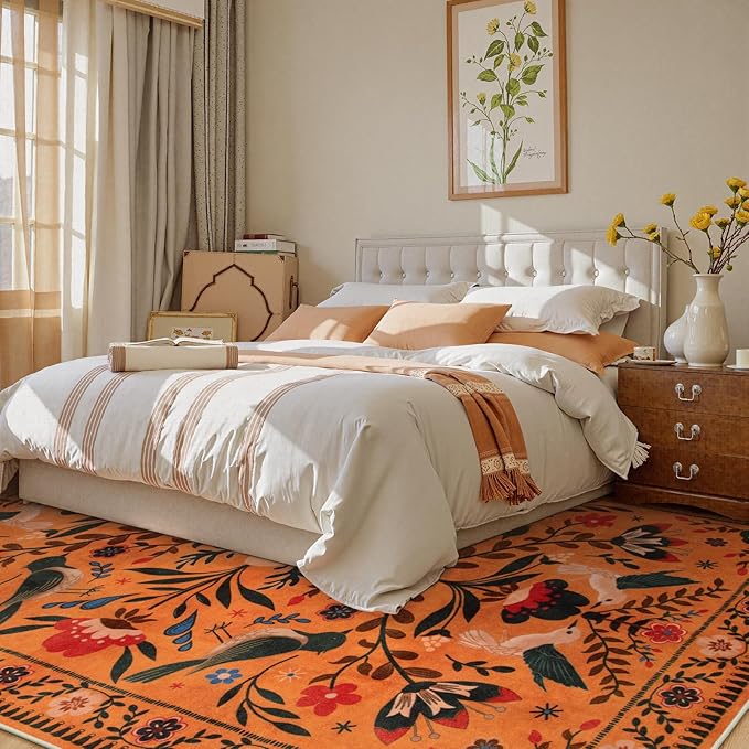 Moynesa Area Rugs 9x12 Fall Home Decor, Bohemian Scandinavian Modern Country Aesthetic Floral Bird Medallion Carpet for for Living Room Bedroom Dining Room,Non-Slip Washable Floor Protection