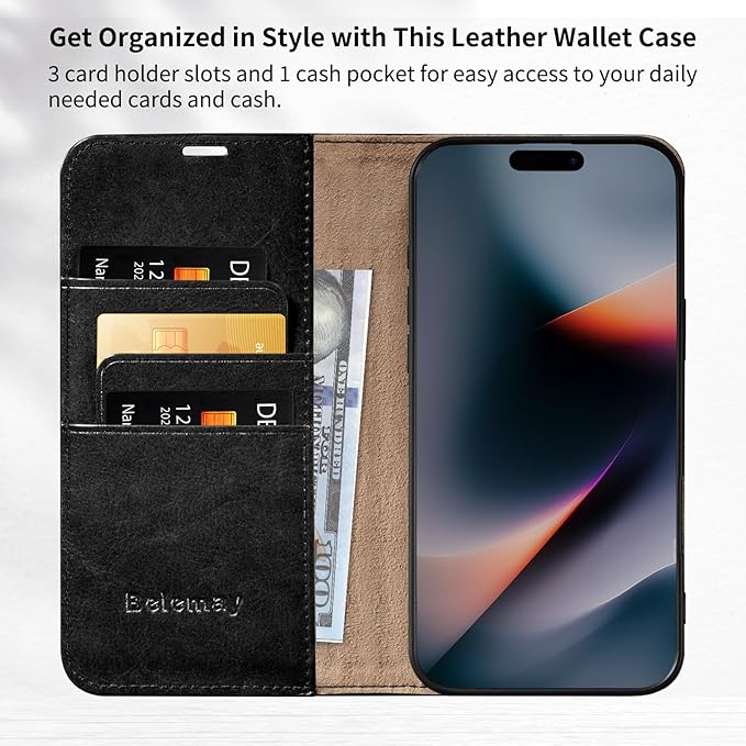 Belemay Leather Wallet Case Compatible with iPhone 17 Pro, Premium Cowhide Leather Two-Tone Effect, RFID Blocking Card Holders, Shockproof TPU Shell, Kickstand, Protective Flip Cover, 6.3", Black