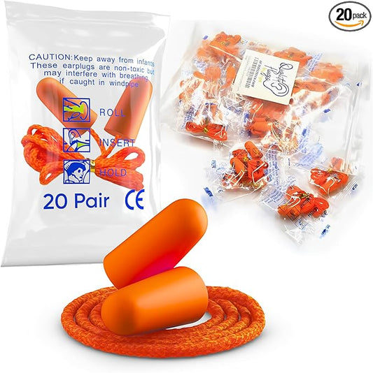20 Pair Foam Ear Plugs with Cord - Soft & Comfortable Ear Protection - Disposable Ear Plugs Individually Wrapped with Noise Cancelling up to 32dB - Ideal for Sleeping Construction Shooting Sports