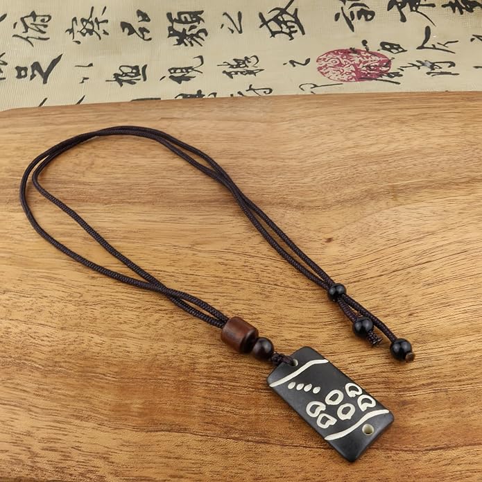 Handmade Black Bull Bone Pendant Necklace, Traditional Tribal Design, Wooden Beads, Adjustable Braided Rope, 24 Inch, Surfer Style
