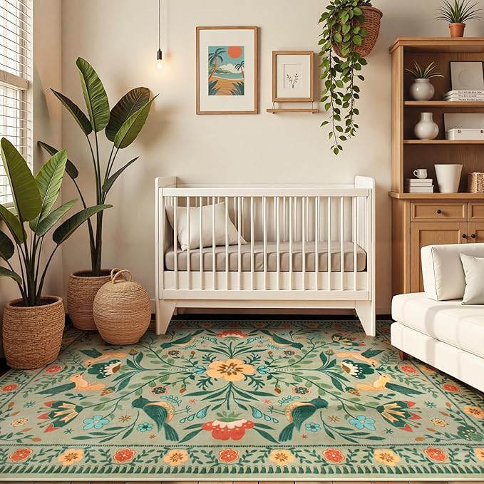 Moynesa Living Room Rug 5x7, Washable Modern Farmhouse Green Area Rugs for Bedroom Dining Room, Country Floral Bird Print Pattern Carpet, Aesthetic Home Decorations Open Floor Areas Protection
