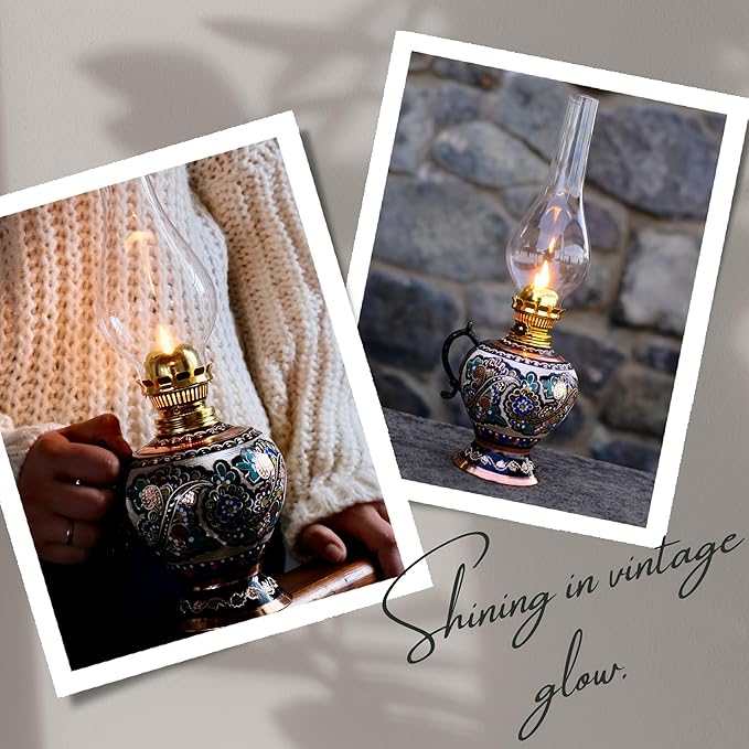 Vintage Handmade Copper Oil Lamp 15.35” – Decorative Hurricane Lantern for Indoor Lighting, Farmhouse Kitchen Décor, Emergency Lamp for Power Outages, Christmas Gift