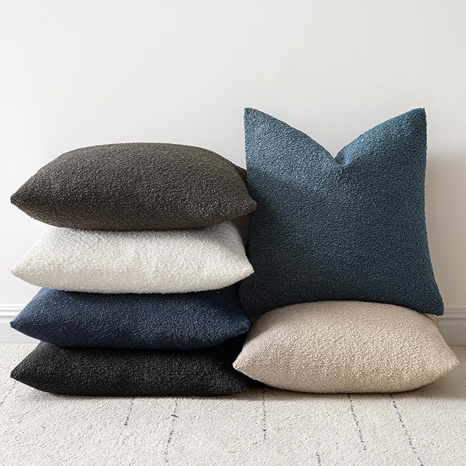 Woaboy Pack of 2 18x18 Inch Decorative Boucle Throw Pillow Covers Textured Square Pillowcaes Accent Solid Cozy Soft Cushion Covers Home Decor for Sofa Couch Living Room Home Decor,Dark Blue