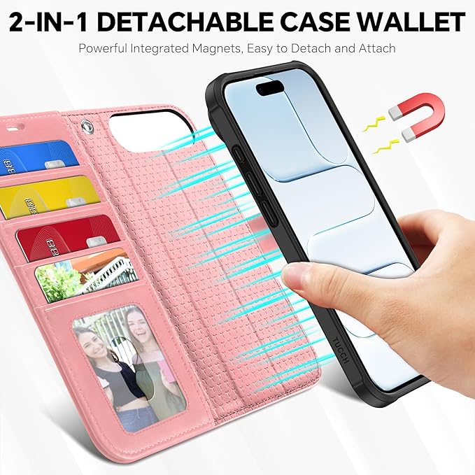 TUCCH 2-in-1 Detachable Wallet Case for iPhone Air (6.5-inch) 2025, RFID Blocking 4 Card Slots, Wireless Charging, Wrist Strap, Kickstand, Magnetic, PU Leather, Protective Flip Cover, Rose Gold