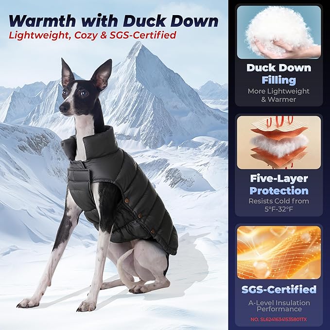 SPACE LION Dog Puffer Jacket, Down Winter Coat, Durable Outdoor Coat for Cold and Windy Conditions, Lightweight & Adjustable Fit Coats for Large Dogs, (Black, Size30/5XL)