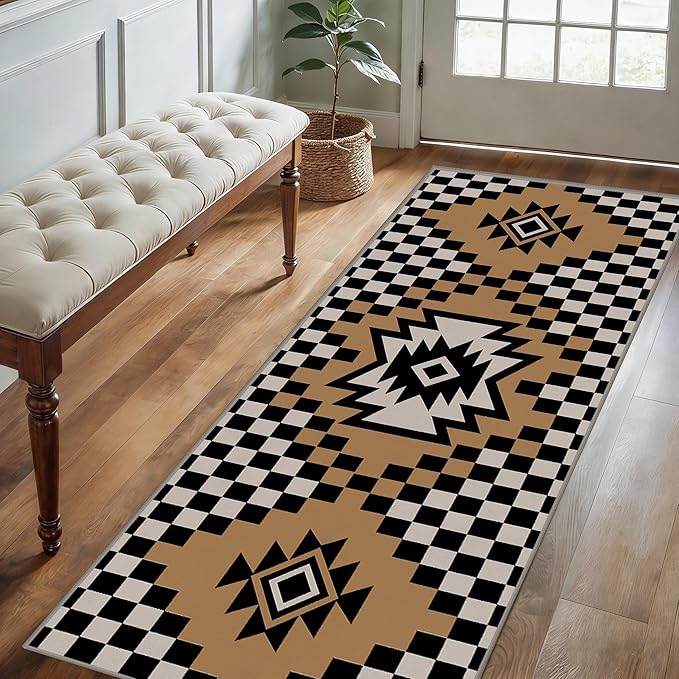 Western Aztec Long Hallway Rug Runners, 2x8ft, Modern Brown Diamond Check Area Carpet for Living Room, Easy Clean Fade Resistant Durable Foldable Pet Friendly Rugs for Front Door