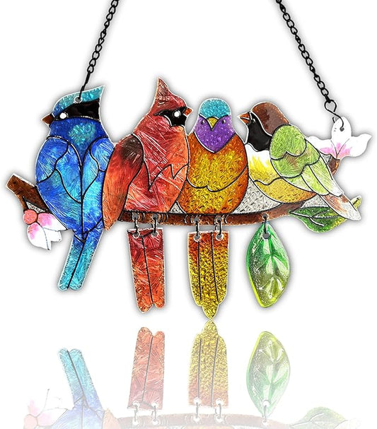 DASTOLL Stained Glass Window Hanging - Hummingbird on Branch Suncatcher Hand-Painted Double Side Stain Glass Cardinal Gifts Sun Catcher for Windows Doors Room Outdoor Home Decoration