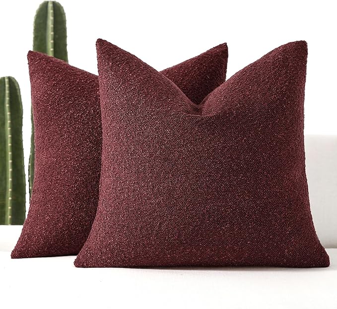 Boucle Decorative Throw Pillow Covers for Couch Set of 2, 20x20 inches, Burgundy