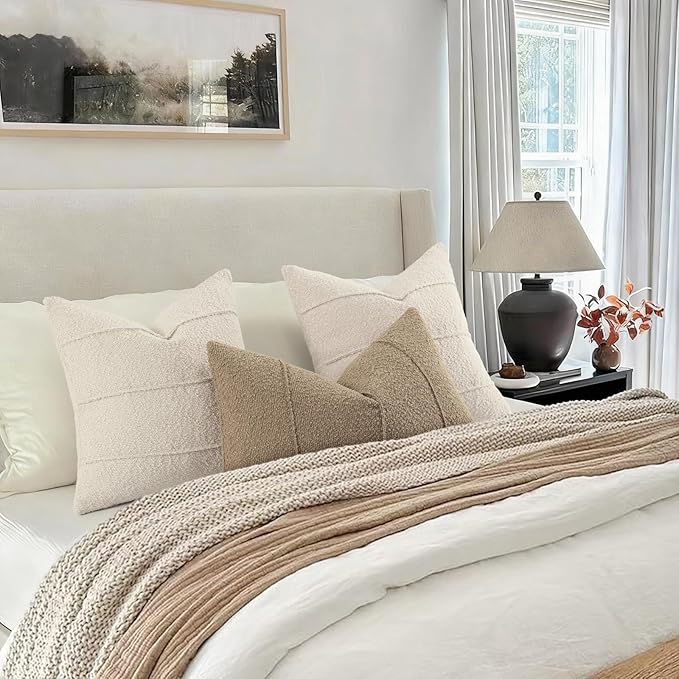 YCOLL Textured Boucle Throw Pillow Covers 22x22 Pack of 2 - Soft Neutral Striped Cushion Covers, Cozy Accent Decorative Pillow Covers for Couch, Sofa, Bed, Living Room (Beige)