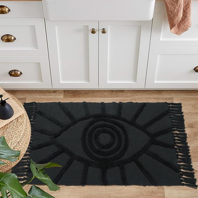 Uphome Boho Bathroom Rug 2'x3' Washable Evil Eye Tufted Entryway Rug with Tassels Soft Cotton Woven Small Rugs Modern Minimalist Dark Gray Throw Rugs for Bedroom Kitchen Doorway Laundry Room