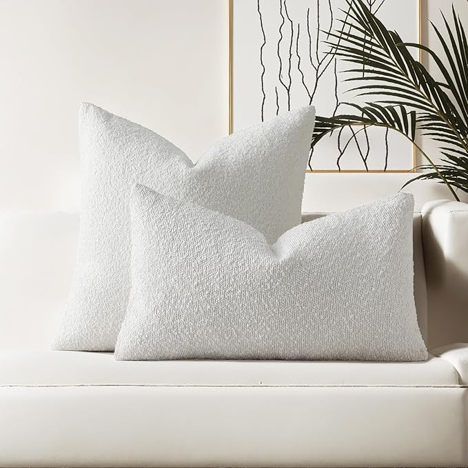 HAUSSY Christmas White Set of 2 24x24 Decorative Throw Pillow Covers, Soft Cozy European Pillow Shams Textured Boucle, Home Decor for Couch Bed Living Room
