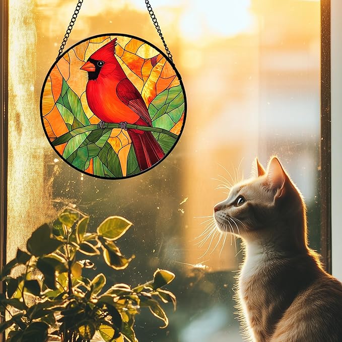 DASTOLL Stained Glass Window Hanging 4 Pcs Set Birds Large 11.8" - Cardinal Blue Jay Suncatcher Door Garden Sun Catcher Decor Birthday Christmas for Bird Lovers Mom Woman Nana Men