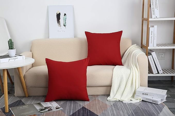 TangDepot Set of 2 Handmade Decorative Solid 100% Cotton Canvas Throw Pillow Covers/Cushion Covers, 45 Colors Available - (20"x20" 2 Pieces, Deep Red)