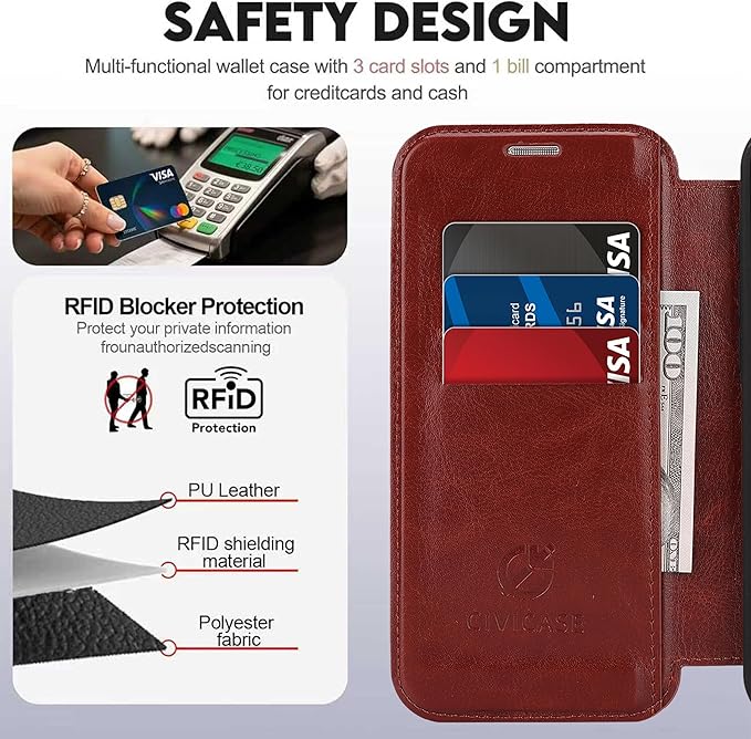 CIVICASE for iPhone 13 Pro Wallet Case with Stand,PU Leather Flip Credit Card Holder Slots (RFID Blocking),Compatible with Magsafe Magnetic Holder Phone Cover Women Men,Dark Brown
