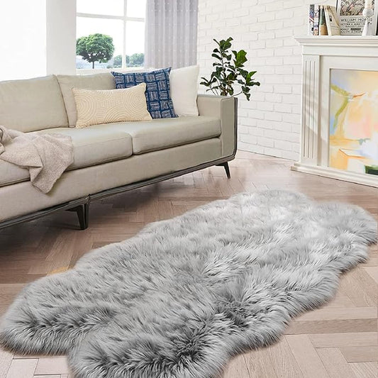 Silver Grey Plush Faux Sheepskin Fur Area Rugs for Bedroom Nursery Washable Shag Rug 4x6 Rectangle Rug