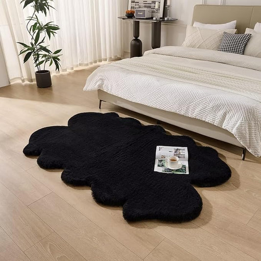 1700GSM Fuzzy Faux Sheepskin Fur Area Rug,Extra Soft Faux Fur Mat,Fluffy Shaggy Fur Rug for Bedroom Living Bedside Rug Room Decor-Black, 2 x 3 ft