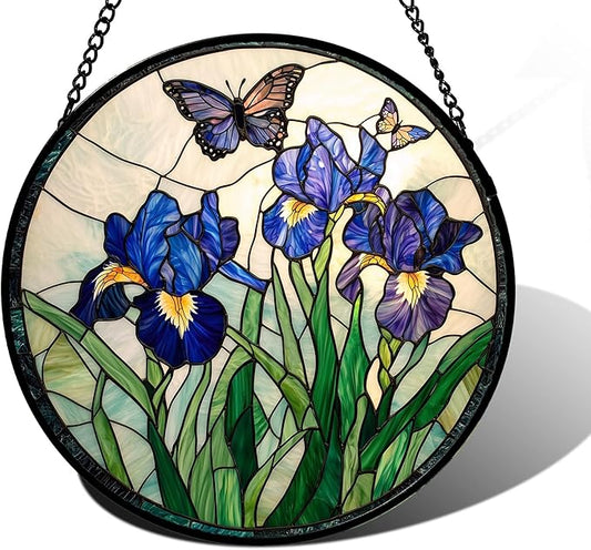 DASTOLL Stained Glass Window Hanging, Blue Purple Butterfly Flower Suncatcher Diamond Colorful Glass Panel Sun Catchers Decor for Birthday for Women, Men, Wife, Aunt, and Mom 7.8 in