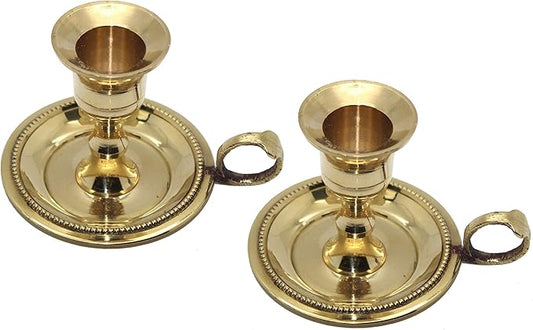 Govinda - Brass Chamberstick Tapered Candle Holder for Standard (7/8") Candles (Pack of 2)