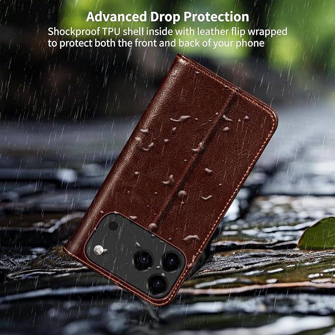 Belemay Leather Wallet Case Compatible with iPhone 17 Pro, Premium Cowhide Leather Two-Tone Effect, RFID Blocking Card Holders, Shockproof TPU Shell, Kickstand, Protective Flip Cover, 6.3", Brown