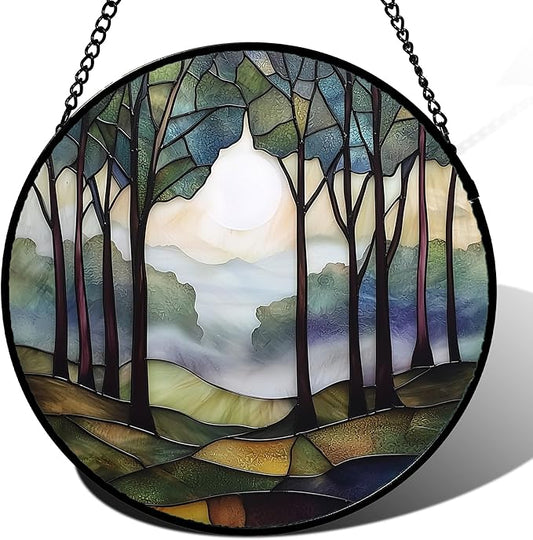Stained Glass Window Hanging, Green Brown Smoke Forest Moon Suncatcher for Doors Window Home Tree Sun Catchers Decor Mother's Day Birthday Gifts for Women, Men Mom 11.8 in