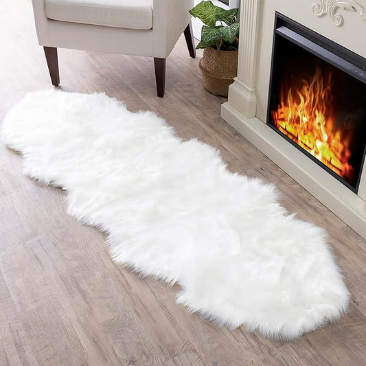 Walk on Me White Double Pelt Faux Fur Sheepskin Rug: Ultra Soft, Super Thick, Fluffy 2x6 Feet, Living Room, Bedroom, Office, Synthetic, Latex, Non-Slip