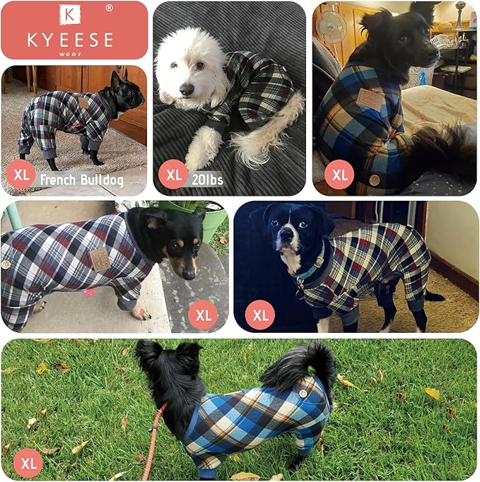 KYEESE Dog Pajamas Velvet Pjs Comfy Coat Pet Clothes Soft Doggie Jammies Plaid Dog Pajamas for Small Dogs Boy Girl Stretchy Onesie, Grey, X-Large