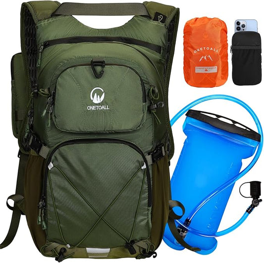ONETOALL Hydration Backpack 22L, Hiking Backpack with 2L Leakproof Bladder, Sewn-in Rain Cover, Insulated Compartment for Men & Women Running, Cycling, Camping