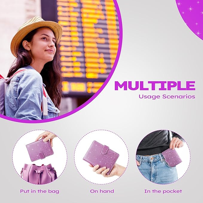 Real Leather Wallet Passport Cover with Credit Card Slots Family Travel (Purple)