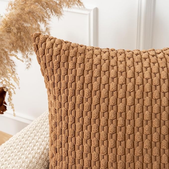 Kevin Textile Throw Pillow Covers Soft Corduroy Decorative Set of 2 Boho Striped Pillow Covers Pillowcases Farmhouse Home Decor for Couch Bed Sofa Living Room 18x18 Inch Khaki