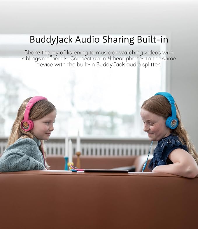 BuddyPhones Explore Plus | Foldable Kids Wired Headphones, Built-in Audio Sharing Cable with in-Line Mic - SafeAudio Volume-Limiting for Kindle, iPad, iPhone, or Android (Rose Pink)