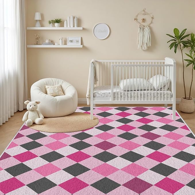Diamond Checkered Rug 4x5, Soft Ultra Soft Faux Wool Abstract Geometric Rugs, Indoor Floor Mats Carpet, Non Slip&Non-Shedding Low Pile Washable Rugs, Modern Red Rug for Bedroom
